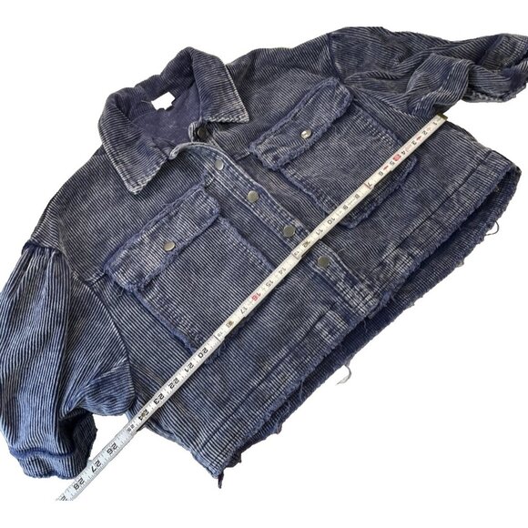POL Corduroy Jacket Womens M Blue Crop Raw Hem Balloon Sleeve Preppy Boho Indie - Picture 4 of 8